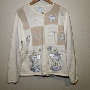 Vtg Traditions Womens PL Cardigan‎ Sweater Patchwork Angel Christmas Embroidered